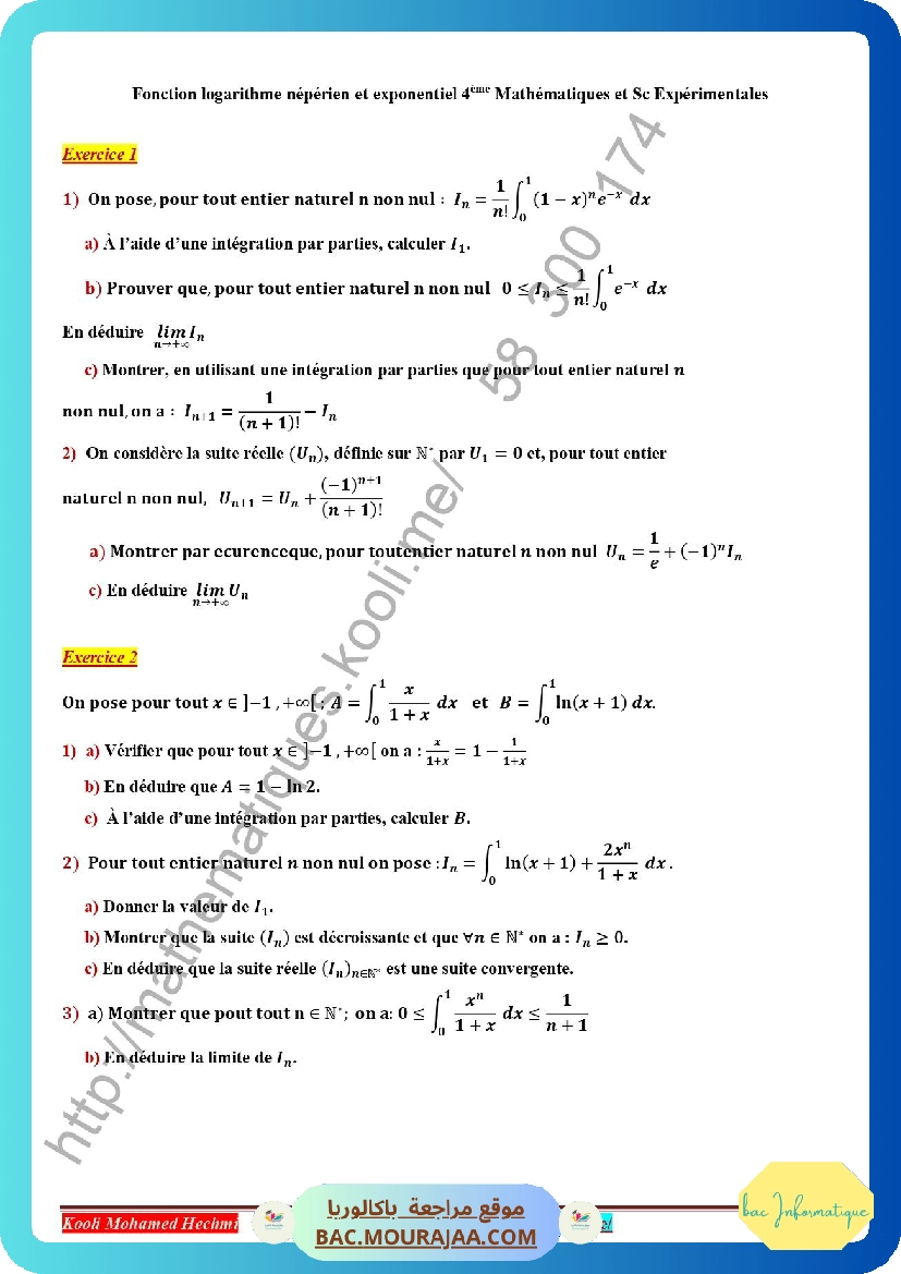 fonction logarithme neperien et exponentiel serie corrige