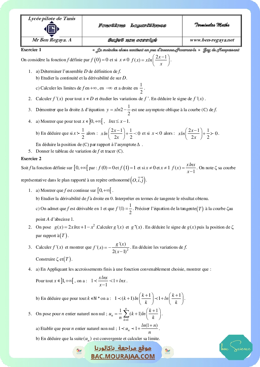 Fonctions Logarithmes Sujet non corrige
