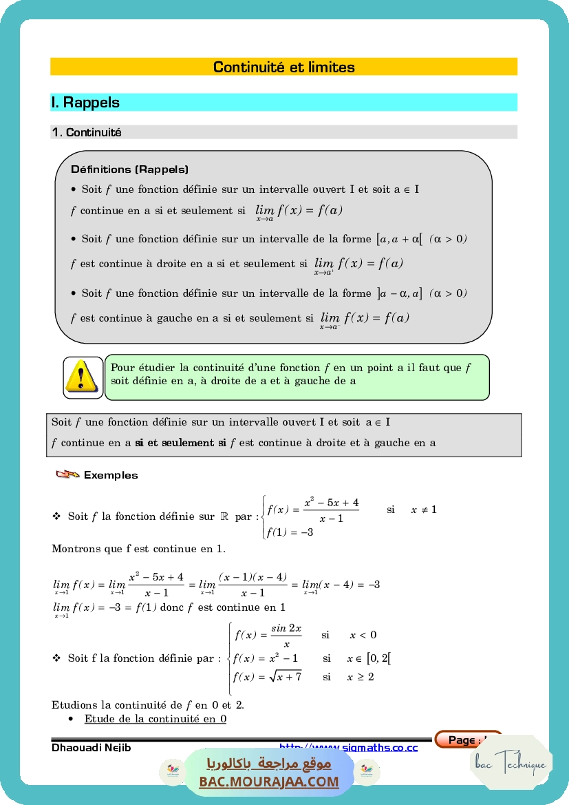 Cours Math Continuite et limites Bac Math Mr Dhaouadi Nejib www.sigmaths