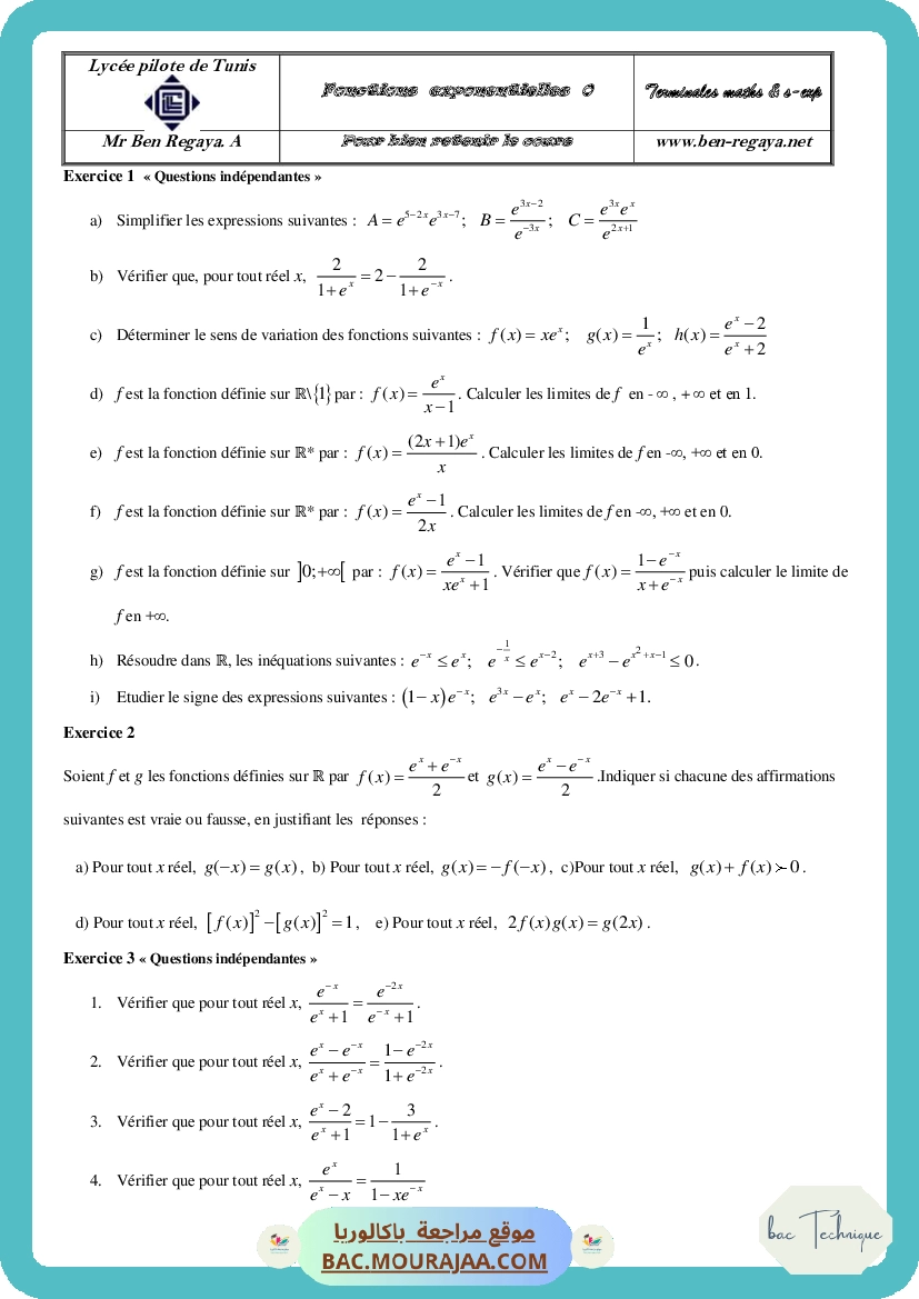 Fonctions Exponentielles Pour connaitre le cours